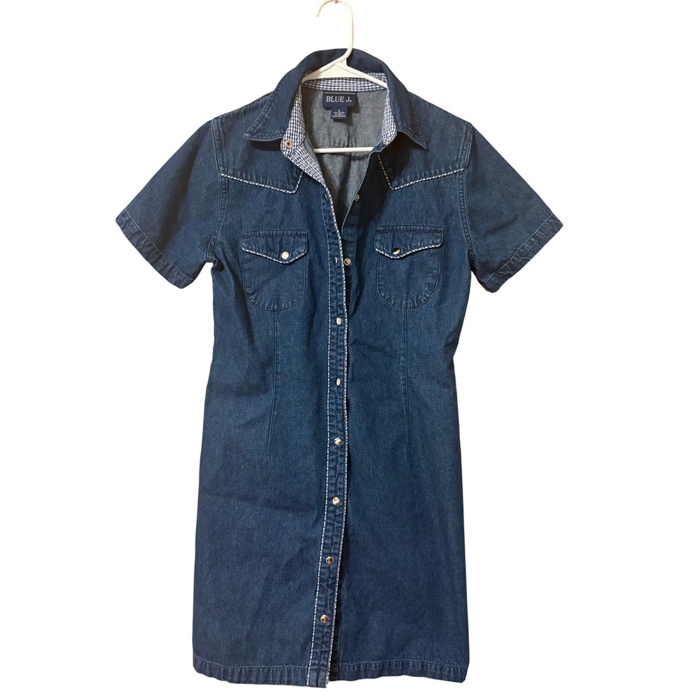 VTG Y2K Shirt Dress Dark Wash Western Gingham Trim Snap Front Size S
